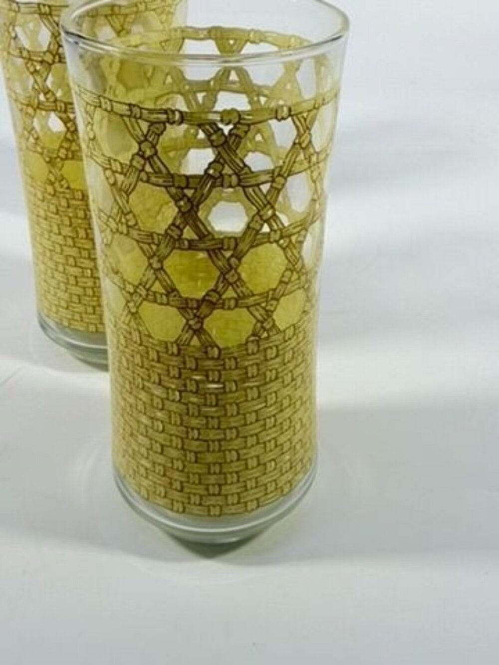 Drinking Ice Tea Water Glasses Set 3 Libbey Woven Cane Rattan Bamboo Vintage - Picture 7 of 14